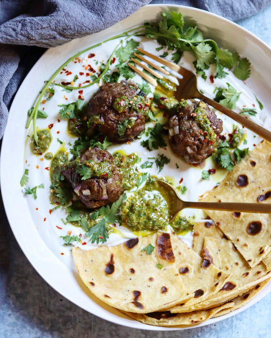 BAHARAT SPICED MEATBALLS WITH A SIDE OF ONANA TORTILLAS