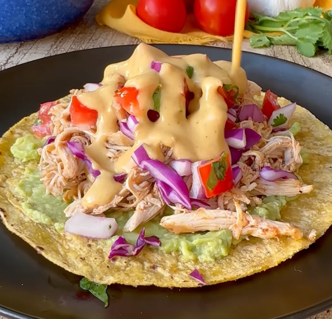 Shredded Chicken Tacos with Dairy Free Queso